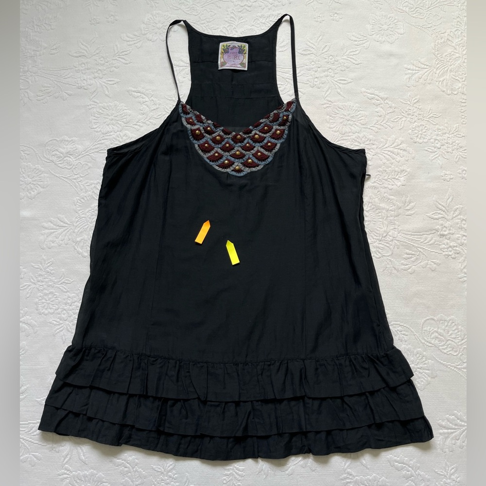 Free People Beaded Black Camisole Tank Top Cotton Silk Blend 12 - Picture 7 of 14